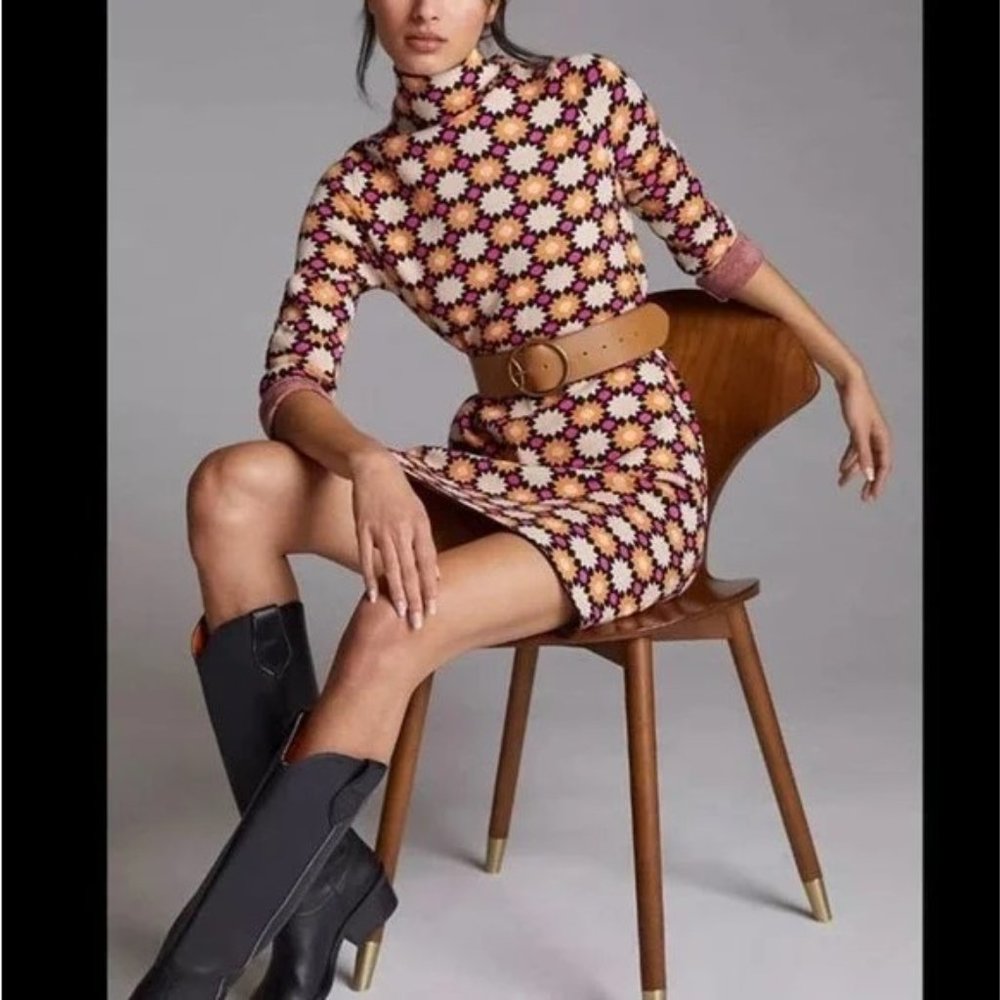 NWOT Maeve Anthropologie Retro Floral Print Turtleneck Sweater Dress Size XL